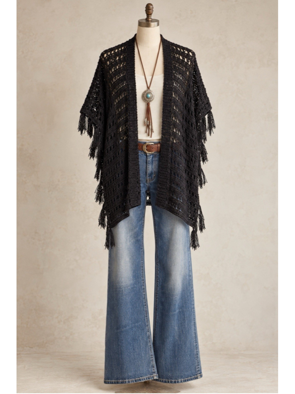 Sundance Poncho Crochet Fringe Cardigan XXL Black Open Knit Boho Western